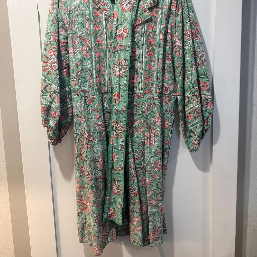 Sue Sartor Flounce Dress – Sage Green Coral Paisley Block Print, Size Medium